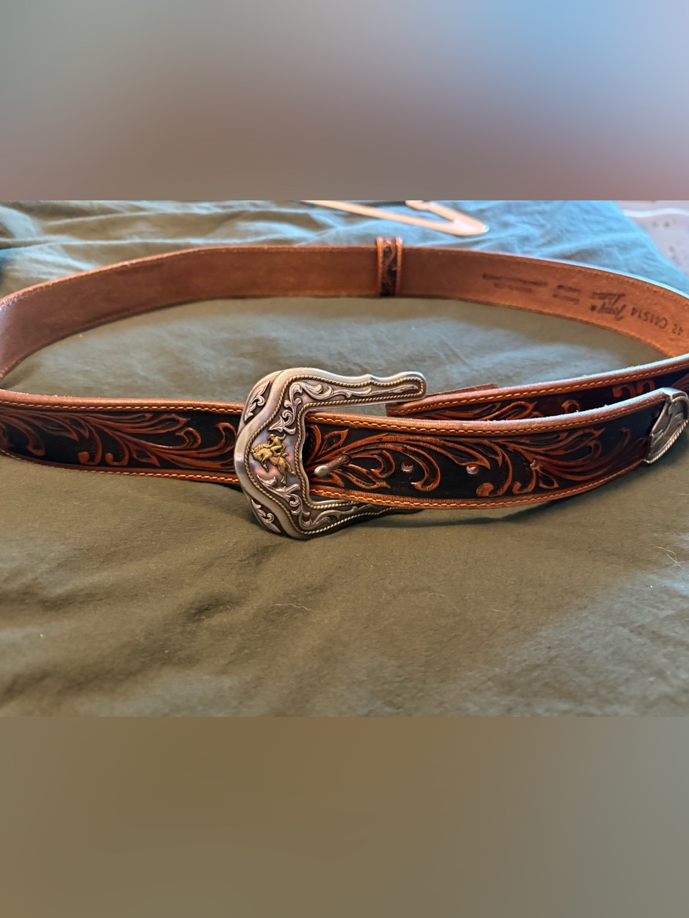 Brown Tooled Leather Belt with Silver Western Buckle